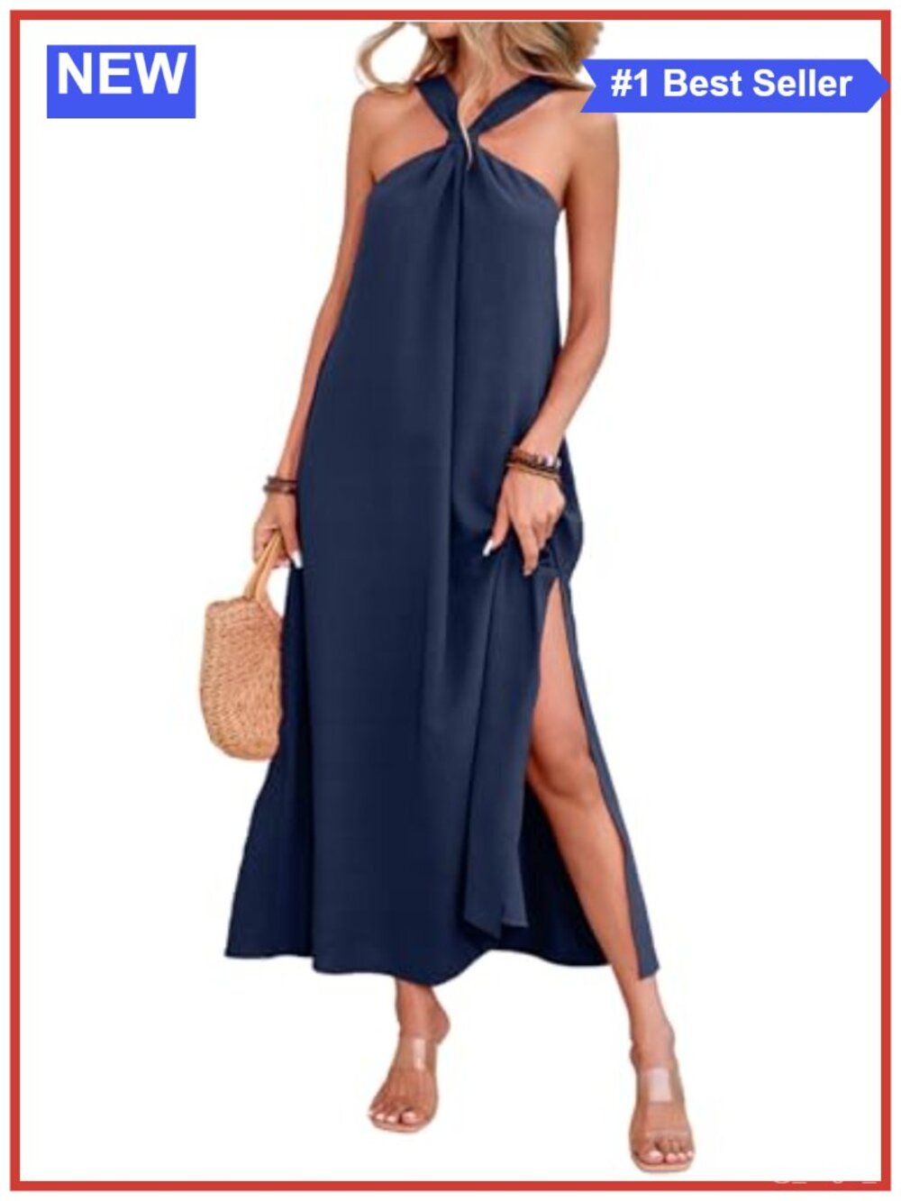 Halter Maxi Dress Sleeveless Side Slit Beach Vacation Womens